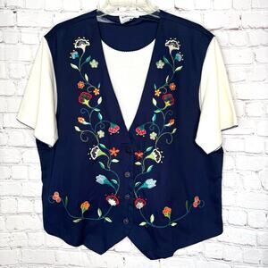Vintage Alfred Dunner Wms Large Navy Cream SS Embroidered Floral Faux Vest Top